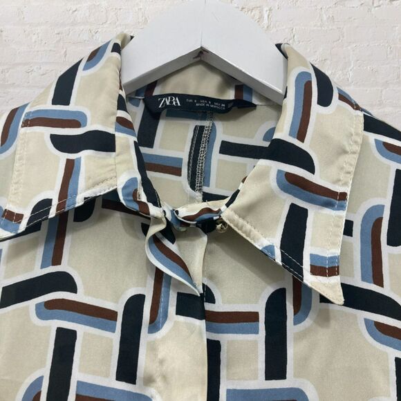 Zara Satin Retro Shirt Geo Chain Cream Blue Button Up Silky Collared Size S - Picture 6 of 16